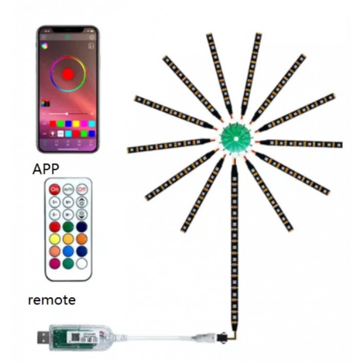 Instalatie artificii LED Smart, RGB, muzica, telecomanda si control din smartphone