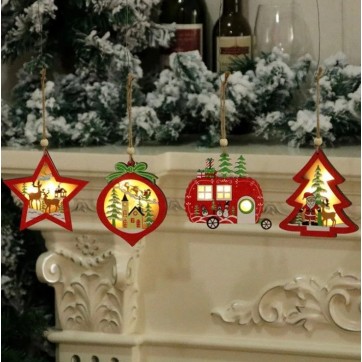 Set de 4 decoratiuni iluminate pentru Craciun, lemn masiv