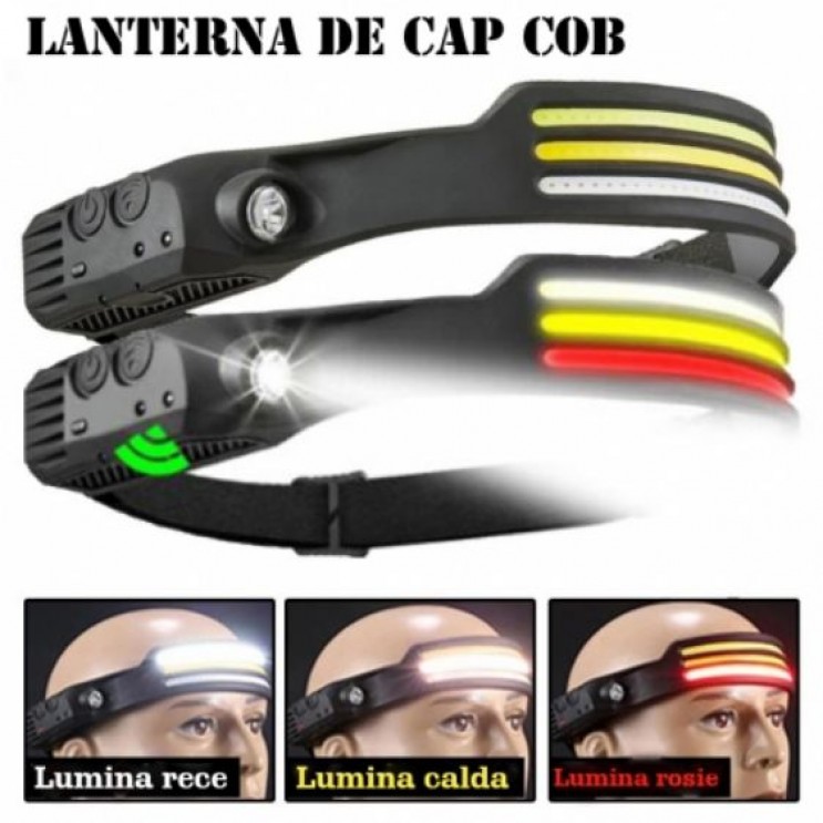 Lanterna de cap LED Profesionala, Senzor de miscare, 5 Moduri lumina,3 Benzi de led COB,Acumulator reincarcabil 1200 mAh,Waterproof, Negru