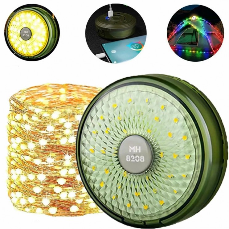 Lampă de camping ,Ghirlanda luminoasa, Lanterna si functie de baterie externa, LED, reincarcabila USB, portabila, 8 moduri de iluminare, 10 m, agatatoare, carcasa verde 