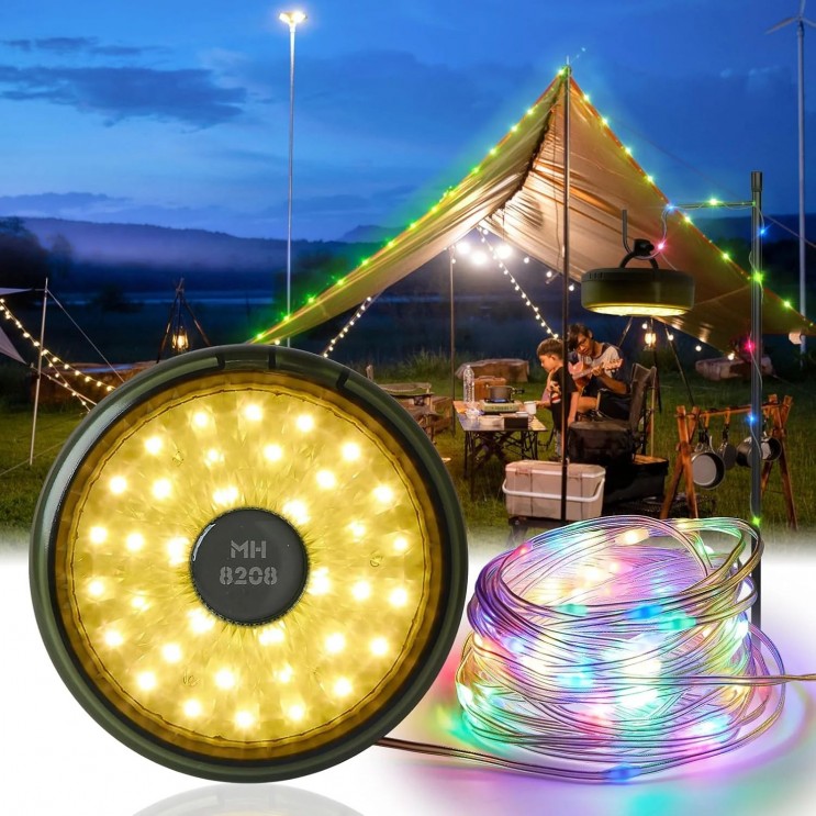 Lampă de camping ,Ghirlanda luminoasa, Lanterna si functie de baterie externa, LED, reincarcabila USB, portabila, 8 moduri de iluminare, 10 m, agatatoare, carcasa verde 