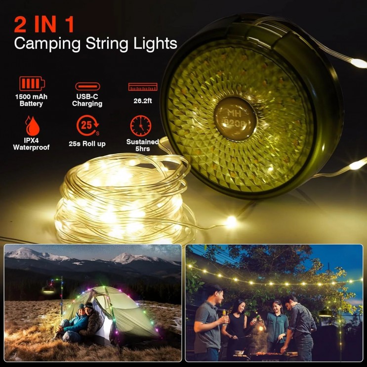 Lampă de camping ,Ghirlanda luminoasa, Lanterna si functie de baterie externa, LED, reincarcabila USB, portabila, 8 moduri de iluminare, 10 m, agatatoare, carcasa verde 
