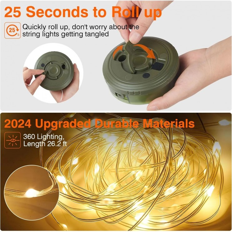 Lampă de camping ,Ghirlanda luminoasa, Lanterna si functie de baterie externa, LED, reincarcabila USB, portabila, 8 moduri de iluminare, 10 m, agatatoare, carcasa verde 