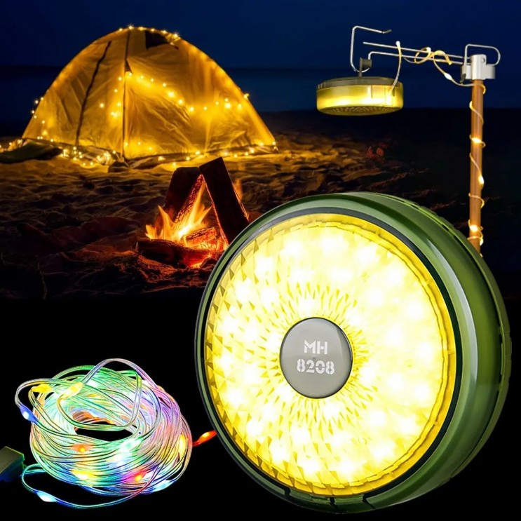 Lampă de camping ,Ghirlanda luminoasa, Lanterna si functie de baterie externa, LED, reincarcabila USB, portabila, 8 moduri de iluminare, 10 m, agatatoare, carcasa verde 