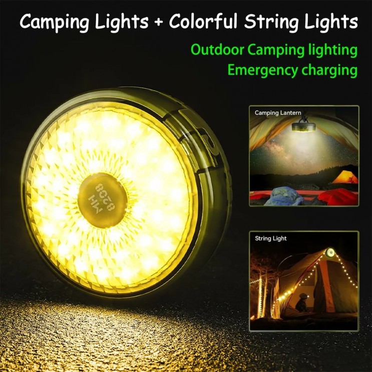 Lampă de camping ,Ghirlanda luminoasa, Lanterna si functie de baterie externa, LED, reincarcabila USB, portabila, 8 moduri de iluminare, 10 m, agatatoare, carcasa verde 