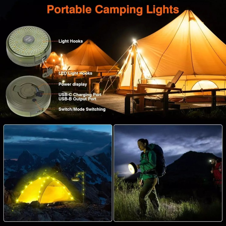 Lampă de camping ,Ghirlanda luminoasa, Lanterna si functie de baterie externa, LED, reincarcabila USB, portabila, 8 moduri de iluminare, 10 m, agatatoare, carcasa verde 