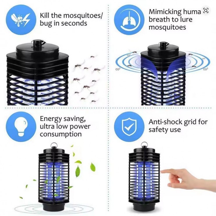 Lampa UV anti insecte tip felinar, aparat tantari si muste pentru interior si exterior, capcana electrica silentioasa fara chimicale, 6W, alimentare 220V, Negru