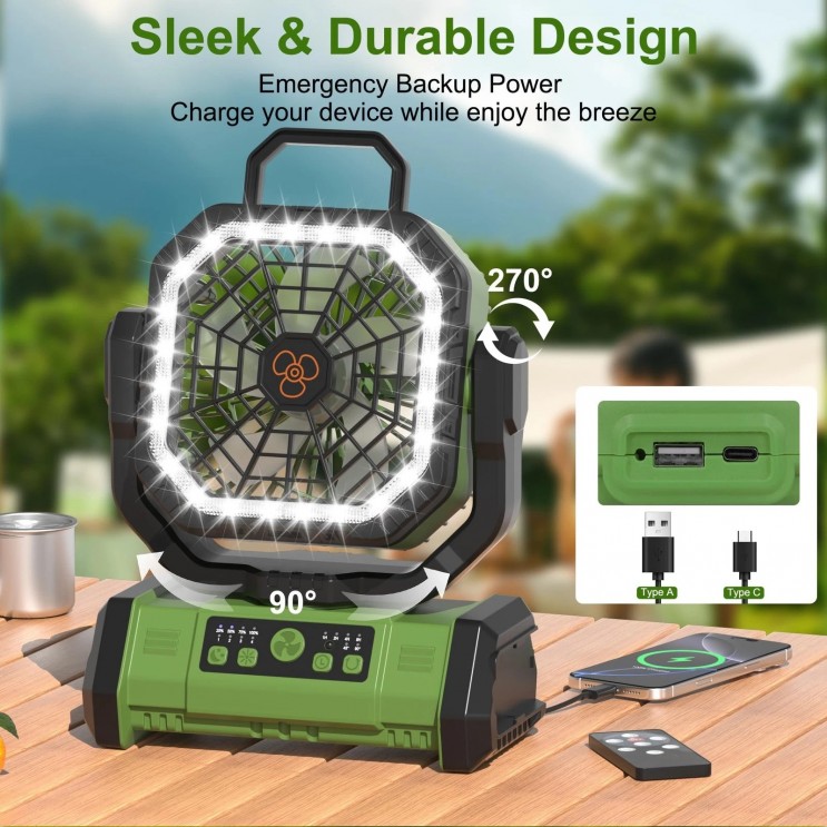 Ventilator de Camping Profesional, 4 Trepte de viteza, 3 Trepte de Intensitate a Luminii, 20.000 mAh, Rotire Manuala la 270°, Incarcare Prin Port Type-C, Telecomanda, Material ABS, 223 × 114 × 284 mm,Carlig Agatare