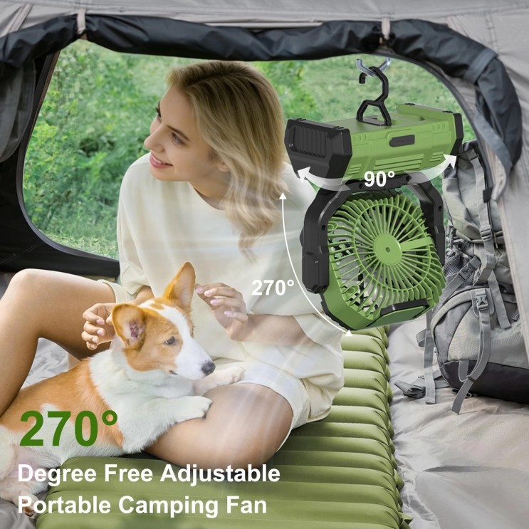 Ventilator de Camping Profesional, 4 Trepte de viteza, 3 Trepte de Intensitate a Luminii, 20.000 mAh, Rotire Manuala la 270°, Incarcare Prin Port Type-C, Telecomanda, Material ABS, 223 × 114 × 284 mm,Carlig Agatare