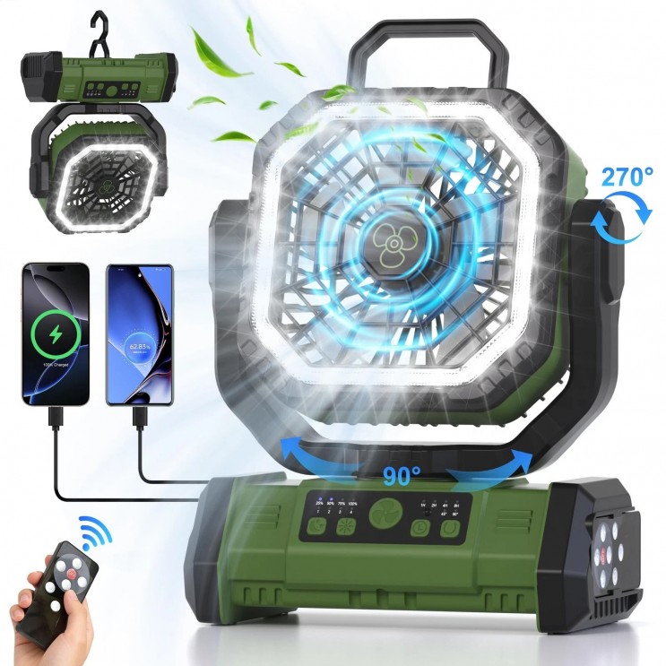 Ventilator de Camping Profesional, 4 Trepte de viteza, 3 Trepte de Intensitate a Luminii, 20.000 mAh, Rotire Manuala la 270°, Incarcare Prin Port Type-C, Telecomanda, Material ABS, 223 × 114 × 284 mm,Carlig Agatare