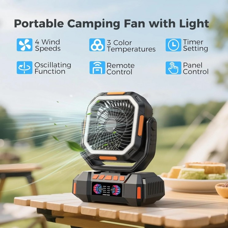 Ventilator de Camping Profesional, 4 Trepte de viteza, 3 Trepte de Intensitate a Luminii, 40.000 mAh, Rotire Manuala la 270°, Incarcare Prin Port Type-C, Telecomanda, Material ABS,Carlig Agatare