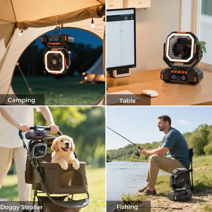Ventilator de Camping Profesional, 4 Trepte de viteza, 3 Trepte de Intensitate a Luminii, 40.000 mAh, Rotire Manuala la 270°, Incarcare Prin Port Type-C, Telecomanda, Material ABS,Carlig Agatare