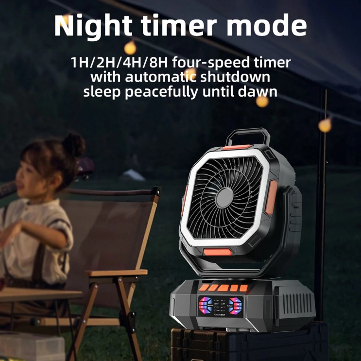 Ventilator de Camping Profesional, 4 Trepte de viteza, 3 Trepte de Intensitate a Luminii, 40.000 mAh, Rotire Manuala la 270°, Incarcare Prin Port Type-C, Telecomanda, Material ABS,Carlig Agatare
