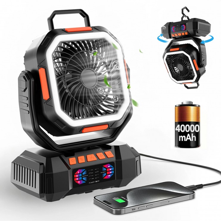Ventilator de Camping Profesional, 4 Trepte de viteza, 3 Trepte de Intensitate a Luminii, 40.000 mAh, Rotire Manuala la 270°, Incarcare Prin Port Type-C, Telecomanda, Material ABS,Carlig Agatare