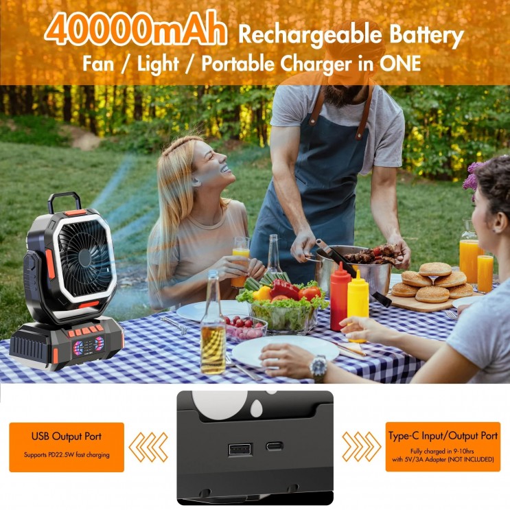 Ventilator de Camping Profesional, 4 Trepte de viteza, 3 Trepte de Intensitate a Luminii, 40.000 mAh, Rotire Manuala la 270°, Incarcare Prin Port Type-C, Telecomanda, Material ABS,Carlig Agatare