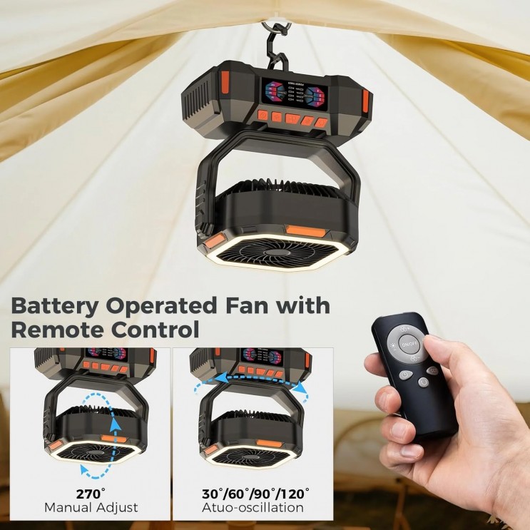 Ventilator de Camping Profesional, 4 Trepte de viteza, 3 Trepte de Intensitate a Luminii, 40.000 mAh, Rotire Manuala la 270°, Incarcare Prin Port Type-C, Telecomanda, Material ABS,Carlig Agatare