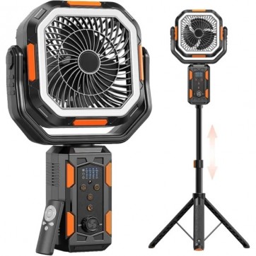 Ventilator de Camping Profesional cu Trepied, 4 Trepte de viteza, 3 Trepte de Intensitate a Luminii, 20.000 mAh, Rotire Manuala la 270°, Incarcare Prin Port Type-C, Telecomanda, Material ABS, 223 × 114 × 284 mm,Carlig Agatare