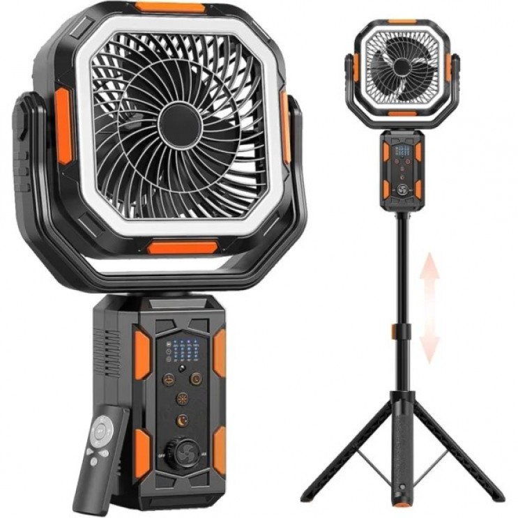 Ventilator de Camping Profesional cu Trepied, 4 Trepte de viteza, 3 Trepte de Intensitate a Luminii, 20.000 mAh, Rotire Manuala la 270°, Incarcare Prin Port Type-C, Telecomanda, Material ABS, 223 × 114 × 284 mm,Carlig Agatare