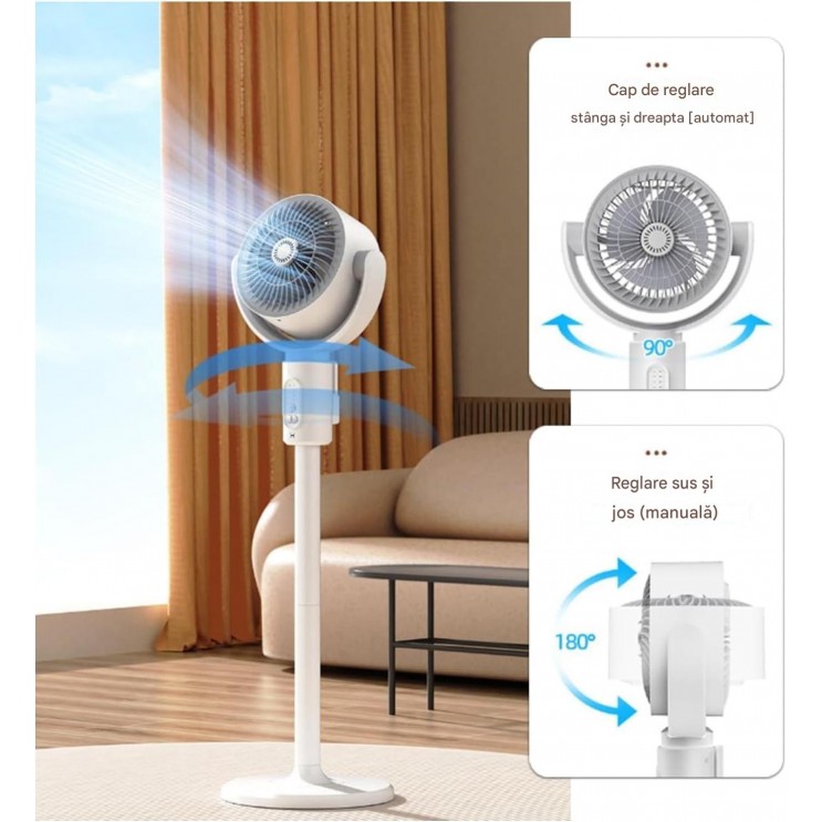 Ventilator 3 in 1 de podea,wireless, telecomanda, oscilatie automata, 5 niveluri viteza, temporizator 8 trepte, inaltime reglabila 38/60/82 cm, 10W, alb