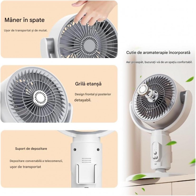 Ventilator 3 in 1 de podea,wireless, telecomanda, oscilatie automata, 5 niveluri viteza, temporizator 8 trepte, inaltime reglabila 38/60/82 cm, 10W, alb