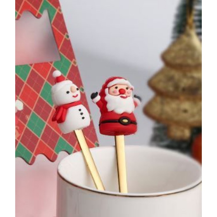 Set 6 Tacamuri Desert Craciun Aurii Inox,Elegante,3 Lingurite si 3 Furculite cu Figurina pe maner