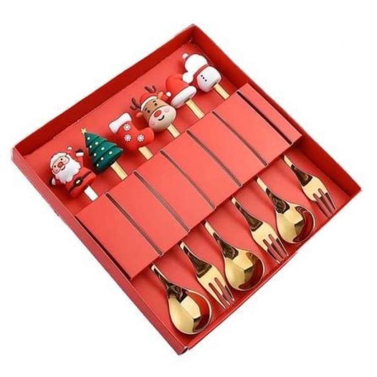 Set 6 Tacamuri Desert Craciun Aurii Inox,Elegante,3 Lingurite si 3 Furculite cu Figurina pe maner