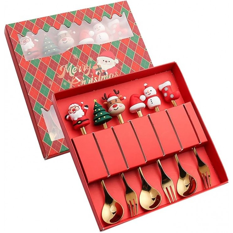 Set 6 Tacamuri Desert Craciun Aurii Inox,Elegante,3 Lingurite si 3 Furculite cu Figurina pe maner