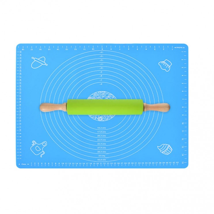 Set Plansa pentru Aluat din Silicon 50*70 cm si Sucitor Silicon si Lemn