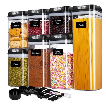 Set de 7 recipiente pentru alimente, plastic, transparent, capac negru