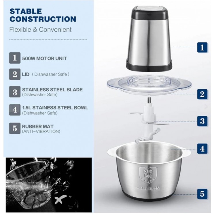 Tocator electric carne si legume, 4 lame inox, 2 viteze, 3L, bol inox
