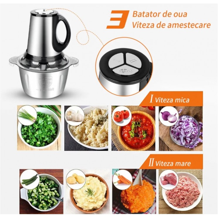 Tocator electric carne si legume, 4 lame inox, 2 viteze, 3L, bol inox