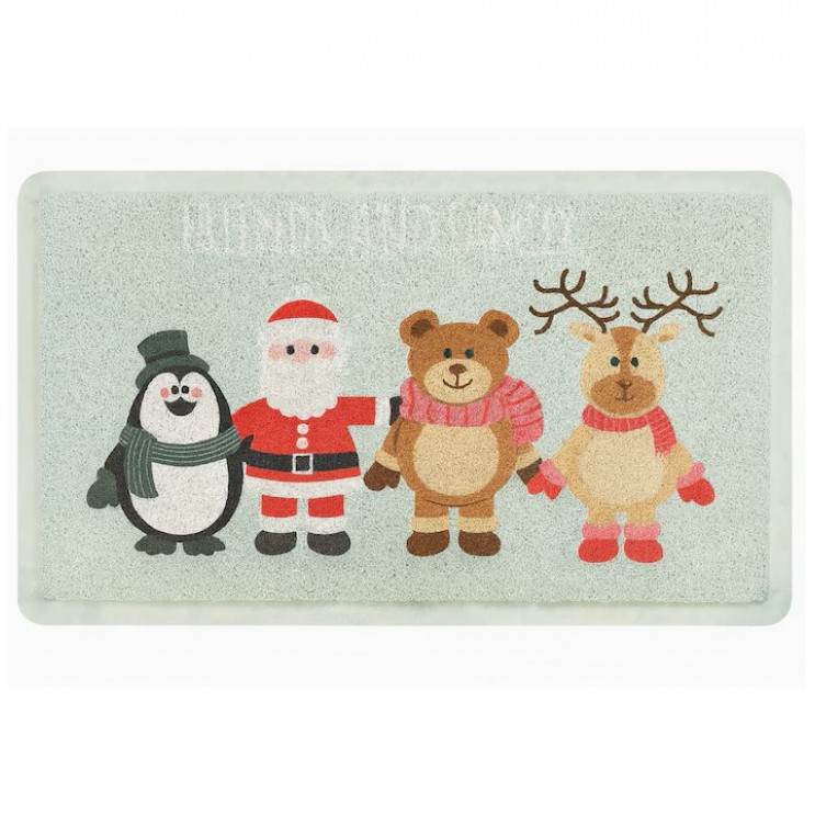 Covoras intrare antiderapant de Craciun, Material impletit Cauciucat lavabil, Interior/Exterior,  45 x 75 cm,Pinguini