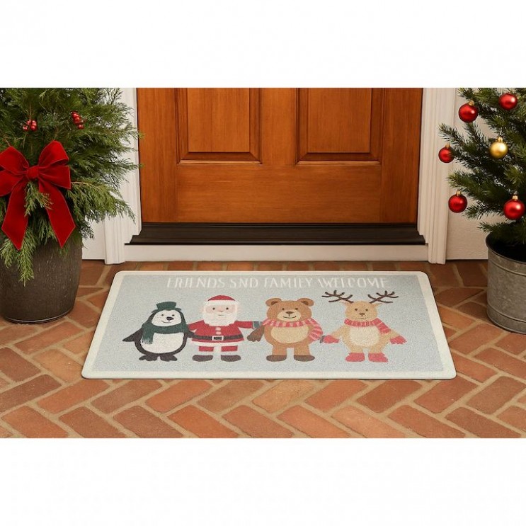 Covoras intrare antiderapant de Craciun, Material impletit Cauciucat lavabil, Interior/Exterior,  45 x 75 cm,Pinguini