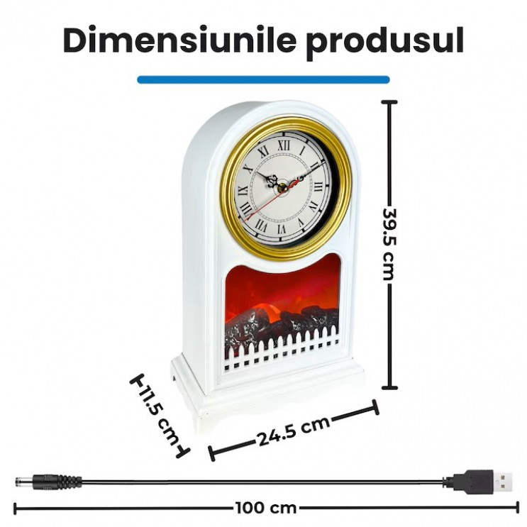 Semineu Decorativ Cu Ceas Retro Alb ,efect real de flacara ,Alb 40 cm H Semineu Decorativ Cu Ceas Retro Alb ,efect real de flacara ,Alb 40 cm H