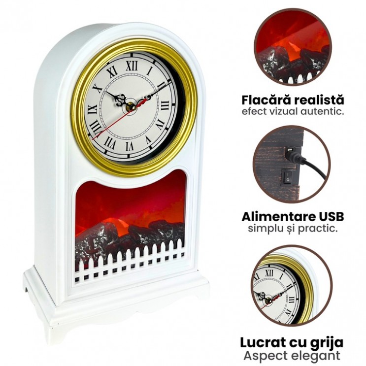 Semineu Decorativ Cu Ceas Retro Alb ,efect real de flacara ,Alb 40 cm H Semineu Decorativ Cu Ceas Retro Alb ,efect real de flacara ,Alb 40 cm H