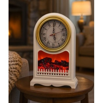 Semineu Decorativ Cu Ceas Retro Alb  ,efect real de flacara ,Alb 40 cm H