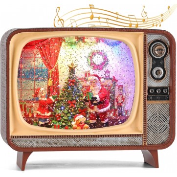 Felinar Vintage Crăciun  Televizor Retro cu Moș Crăciun, Lumină LED si RGB și Ninsoare Magică” 