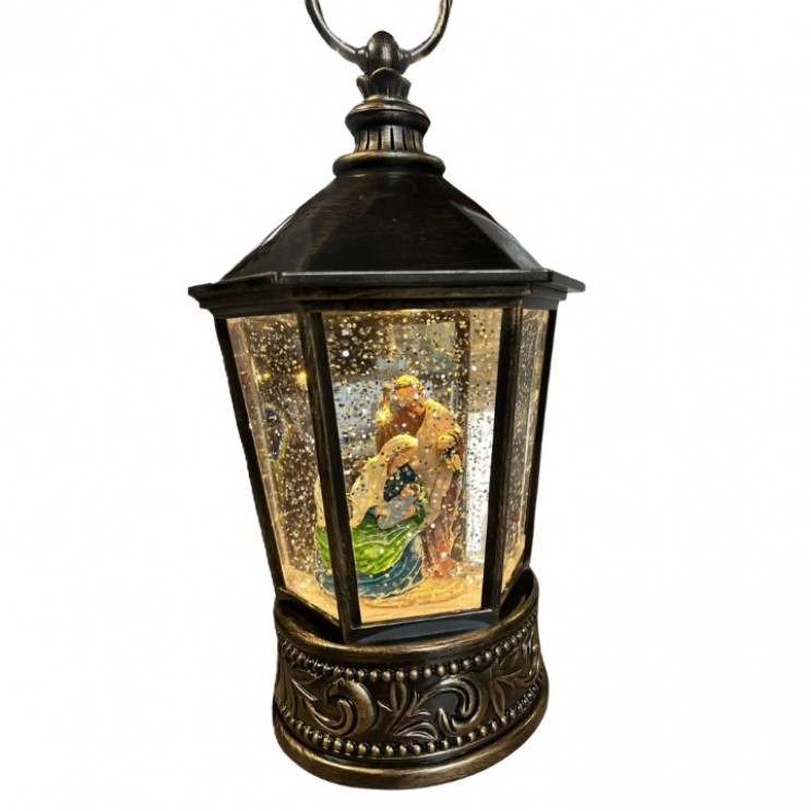 Felinar LED Luminos Premium Hexagonal ,Muzical, Tematica Religioasa Nasterea Domnului, Baterii si USB cu Ventilator zapada 