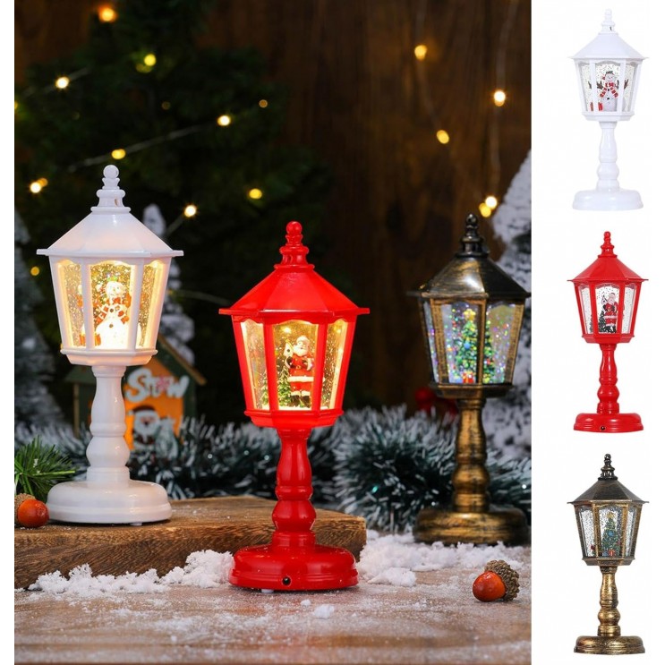 Felinar LED Luminos si Muzical Vintage cu Picior, Baterii Sau USB cu zapada si tematica de Craciun,Alb