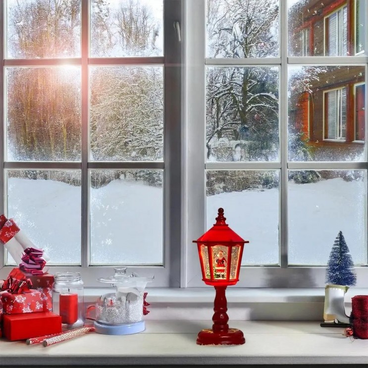 Felinar LED Luminos si Muzical Vintage cu Picior, Baterii Sau USB cu zapada si tematica de Craciun,Rosu