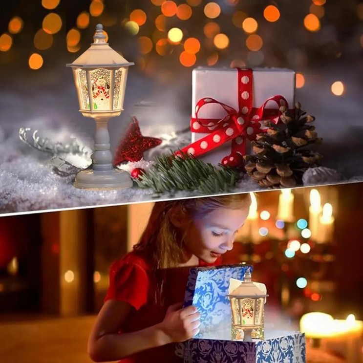 Felinar LED Luminos si Muzical Vintage cu Picior, Baterii Sau USB cu zapada si tematica de Craciun,Alb