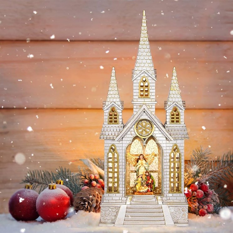 Decoratiune de Craciun Felinar Led Biserica , Nasterea Domnului, Muzical XL 41cm