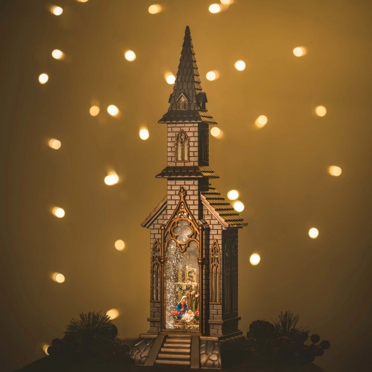  Catedrala Magică de Crăciun XL Nasterea Domnului– Decor Luminos Cu Fulgi ,Colinde Religioase Detalii Elegante,Auriu Perlat,47 cm