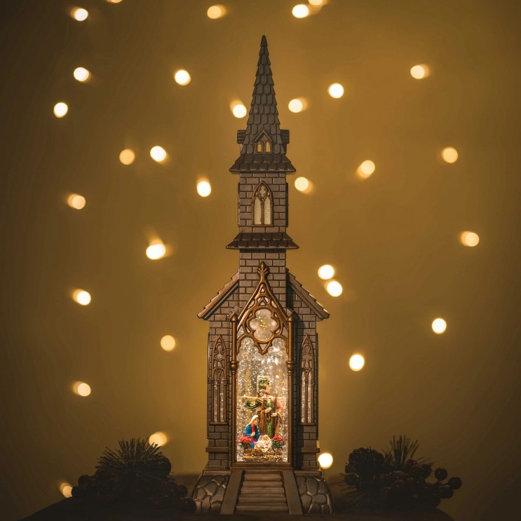  Catedrala Magică de Crăciun XL Nasterea Domnului– Decor Luminos Cu Fulgi ,Colinde Religioase Detalii Elegante,Auriu Perlat,47 cm