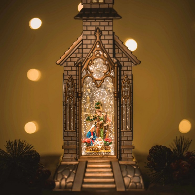  Catedrala Magică de Crăciun XL Nasterea Domnului– Decor Luminos Cu Fulgi ,Colinde Religioase Detalii Elegante,Auriu Perlat,47 cm