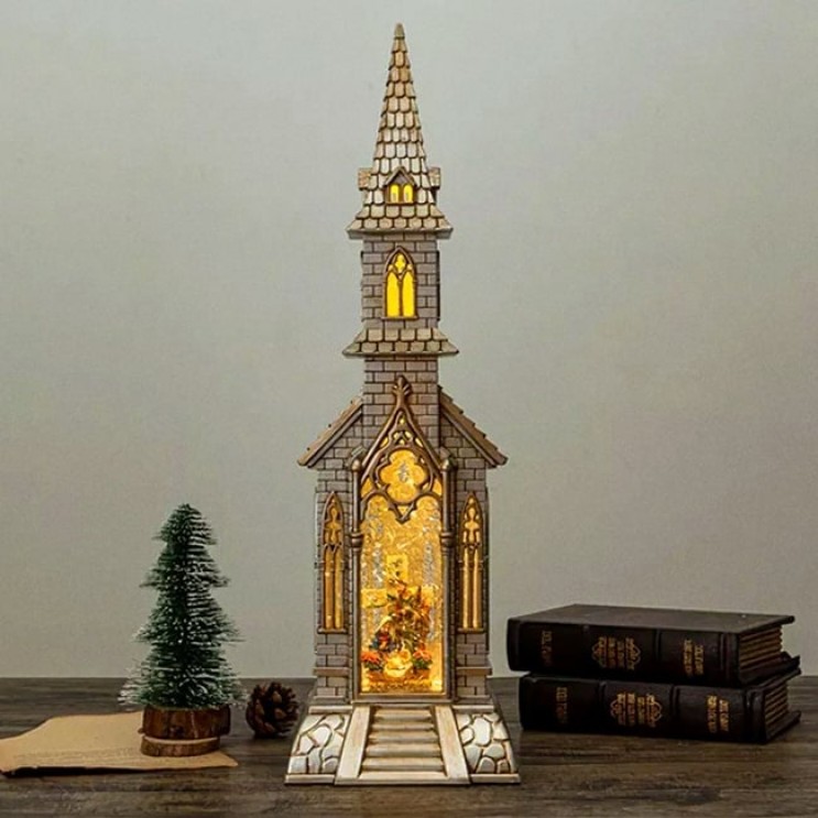  Catedrala Magică de Crăciun XL Nasterea Domnului– Decor Luminos Cu Fulgi ,Colinde Religioase Detalii Elegante,Auriu Perlat,47 cm