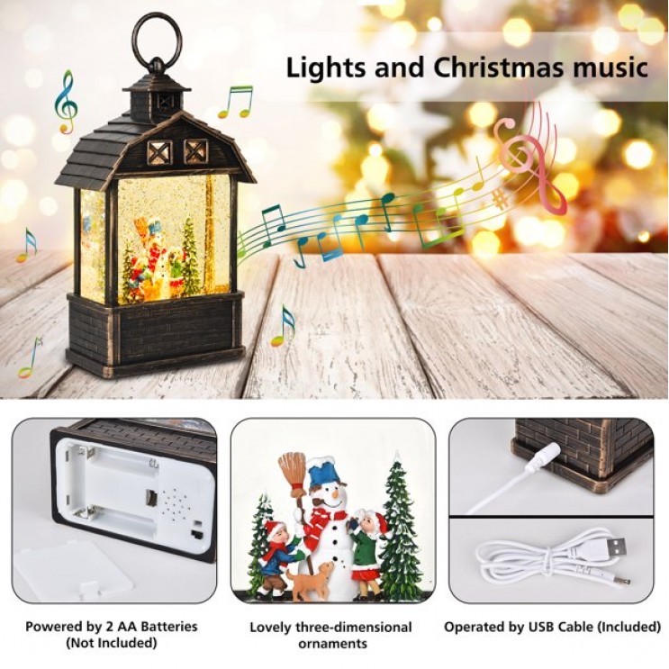 Felinar LED luminos Premium"Casuta lui Mos Craciun",mare cu 8 melodii si invarte zapada,USB,Baterii, Bronze
