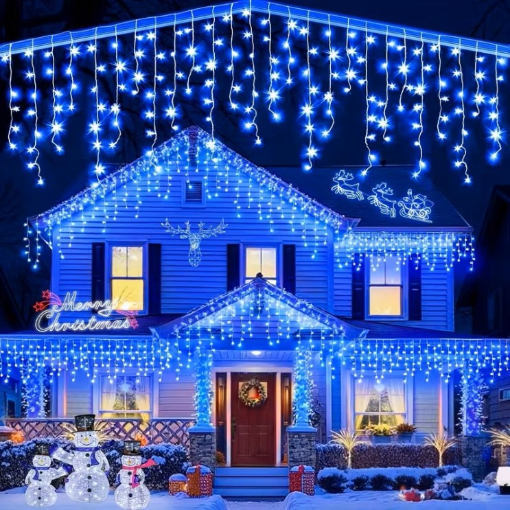 Instalatie Craciun Turturi Cu Flash Premium,50 M, Led-uri Rezistent Apa,Exterior/Interior, Interconectabila, Fir Alb gros,Albastru