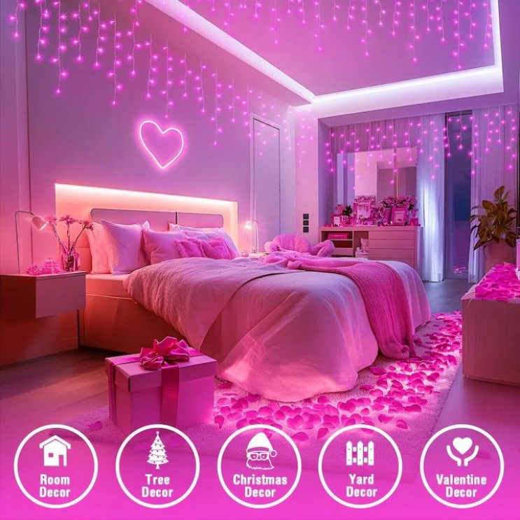 Instalatie Craciun Turturi Cu Flash Premium, 23.5 m, 500 Led-uri, Rezistent Apa, Franjuri, Exterior/Interior, Interconectabila, Fir Alb gros,Roz