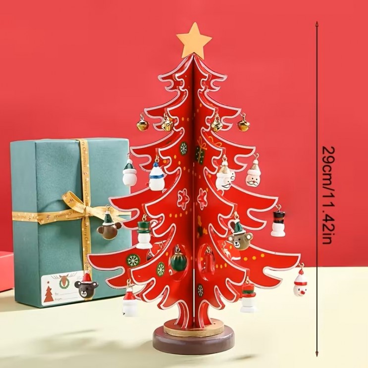 Brad 3D cu 30 de Ornamente de Craciun din lemn,Rosu/Verde